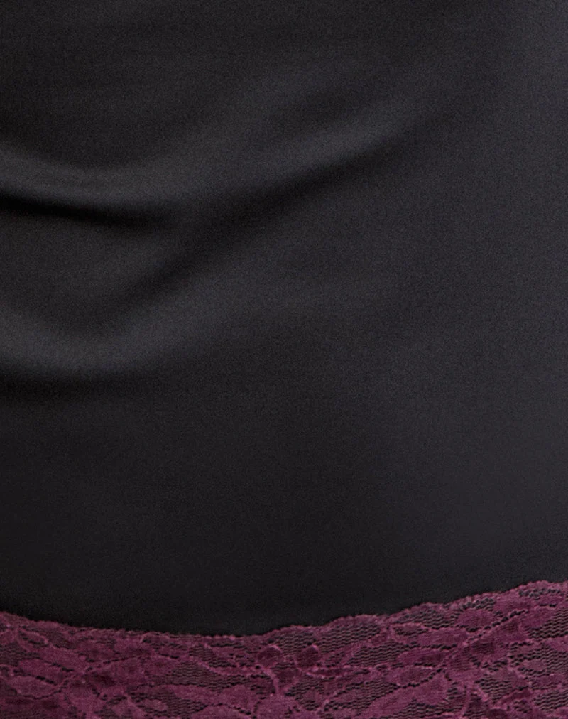 Haut Camara en satin noir avec bordure en dentelle bordeaux