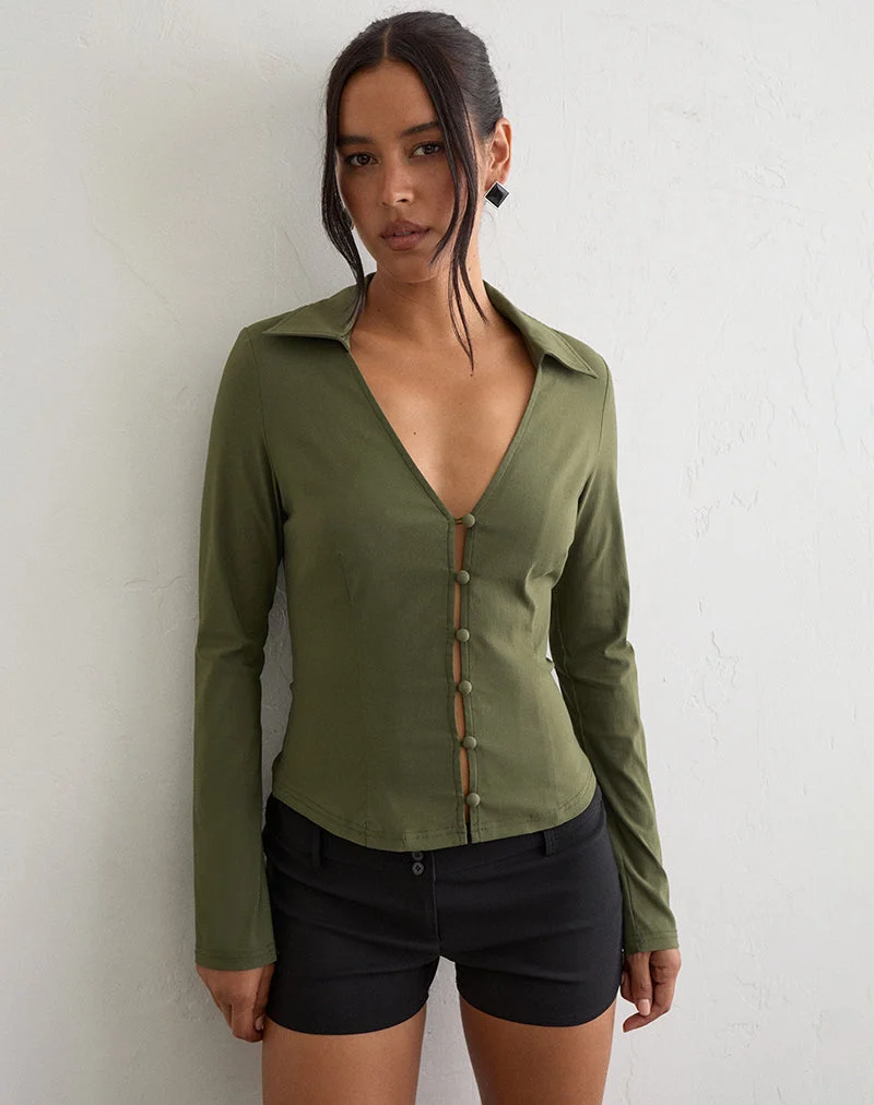 Chemise Anika V en tissu stretch ajusté, couleur kaki