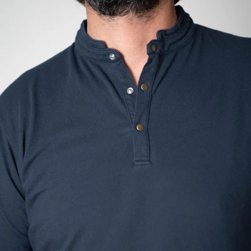 Polo "Côte d'Azur" Bleu Marine Piqué à Pressions avec Col Tunisien