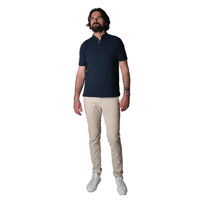 Polo "Côte d'Azur" Bleu Marine Piqué à Pressions avec Col Tunisien