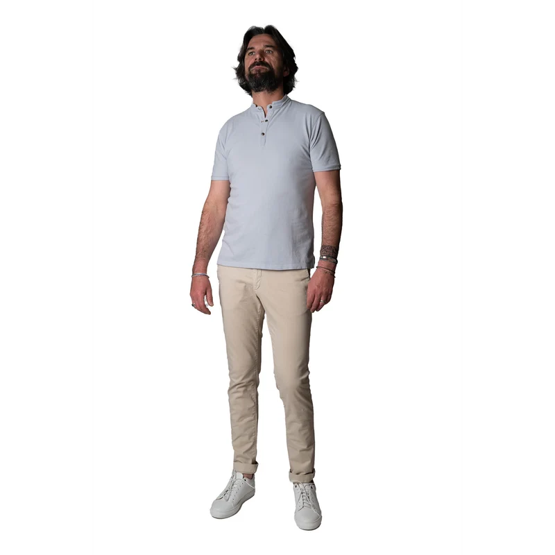 Polo "Côte d'Azur" Gris Clair Piqué à Pressions avec Col Tunisien