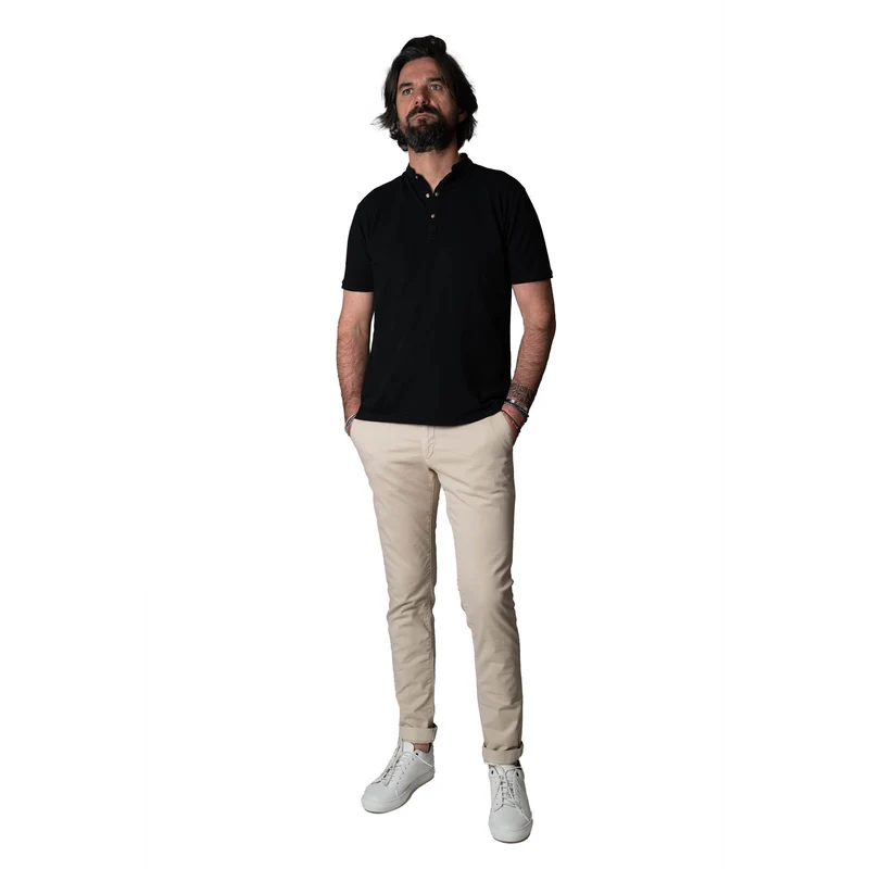 Polo "Côte d'Azur" Noir Piqué à Pressions avec Col Tunisien