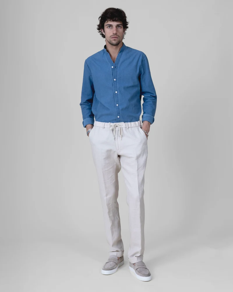 Pantalon à lacet Amovible "Solenzara" en Lin Beige Tissus Loro Piana®