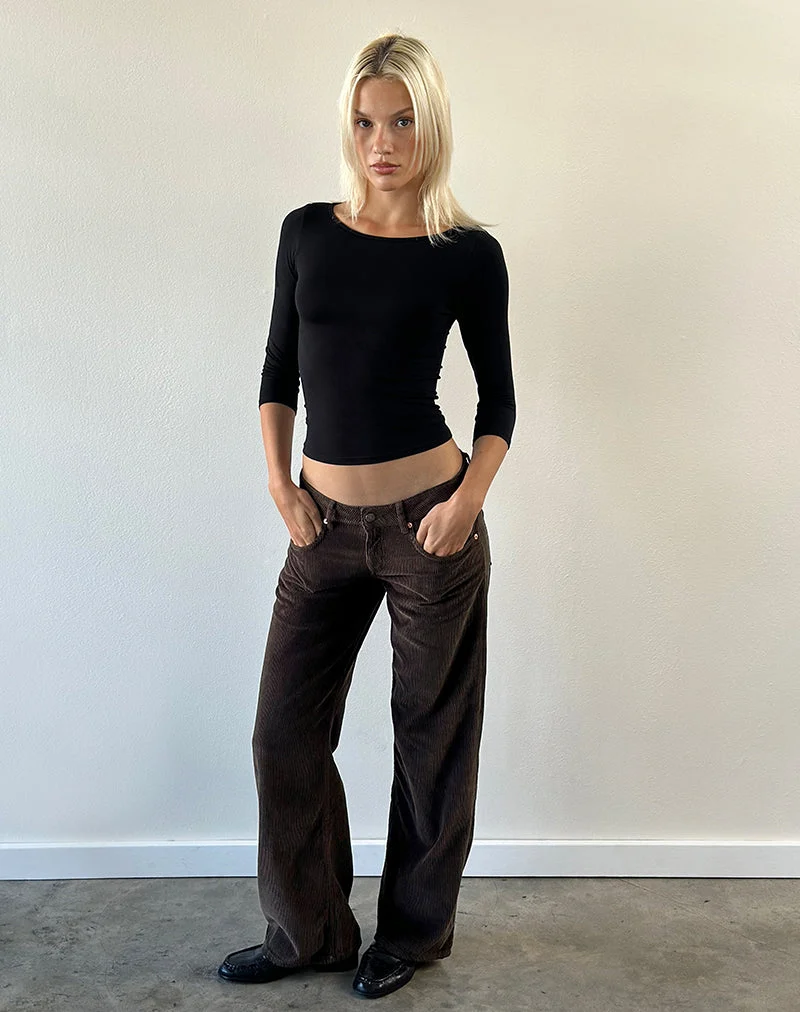 Pantalon parallèle taille basse en velours côtelé marron chocolat