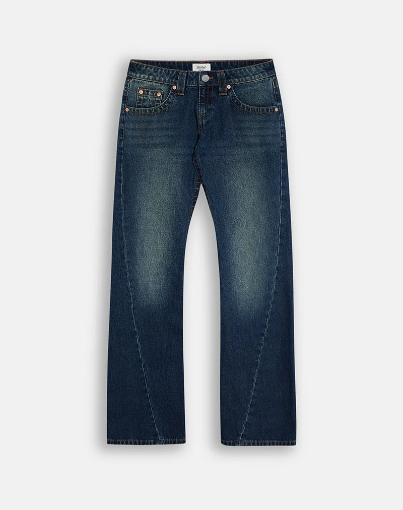Jean taille très basse à coutures torsadées, teinte bleu moyen