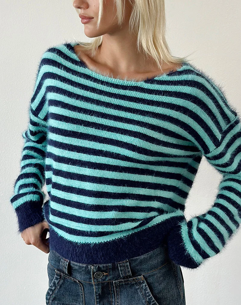 Pull Zalo en maille rayée bleu clair et bleu marine