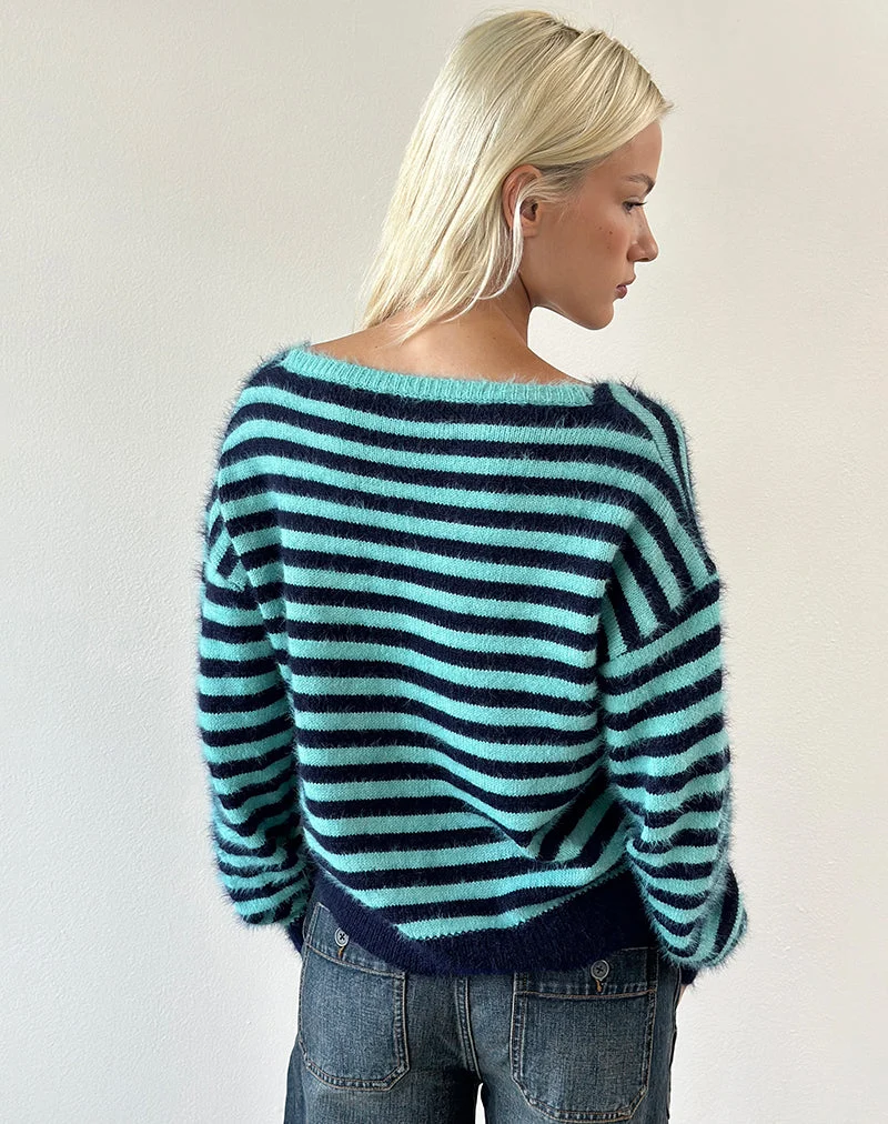 Pull Zalo en maille rayée bleu clair et bleu marine