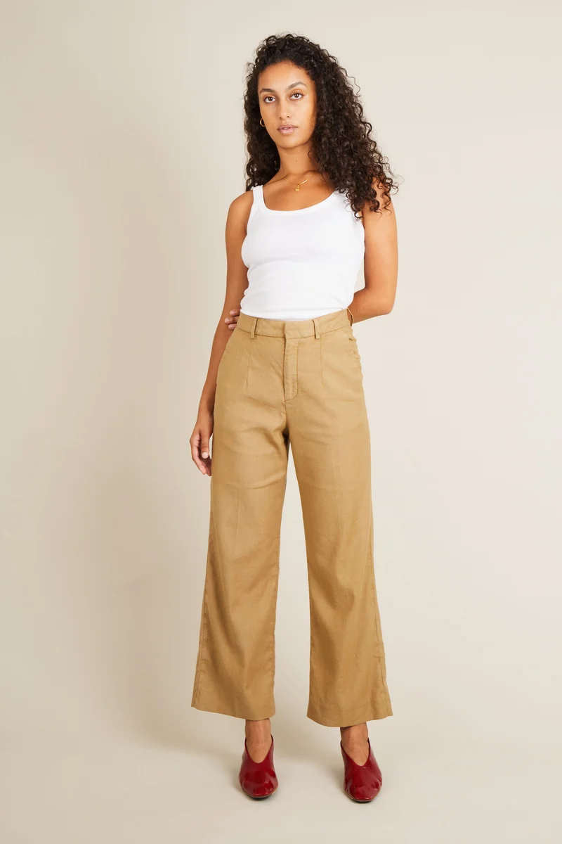 Pantalon flare coton-lin beige foncé