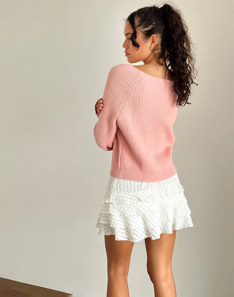 Pull Tami en tricot rose avec broderie de nœuds blancs