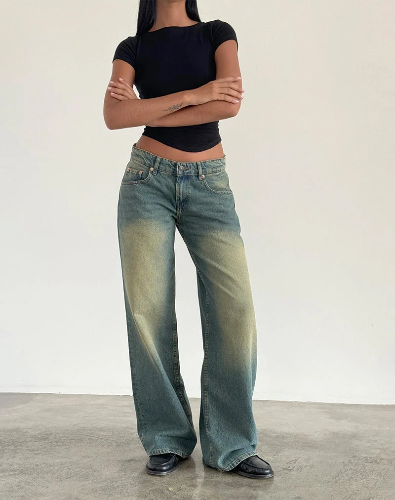 Jean à taille basse extra-large Roomy en vert moyen usé