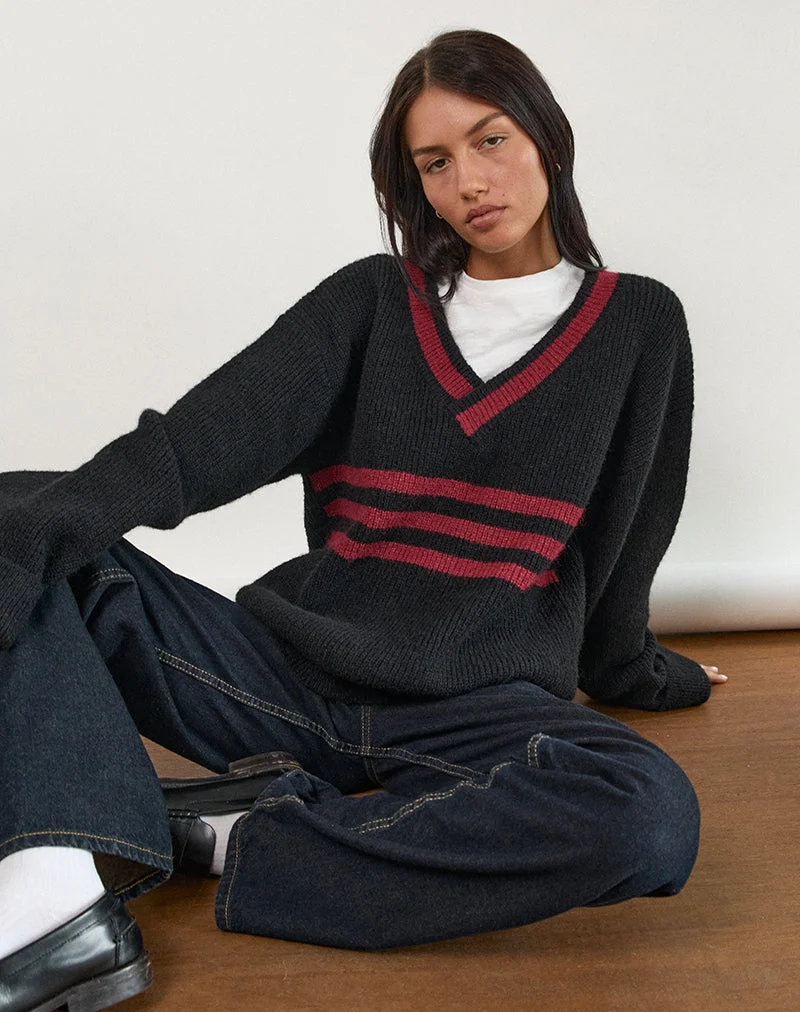 Pull Knitza noir à rayures rouges