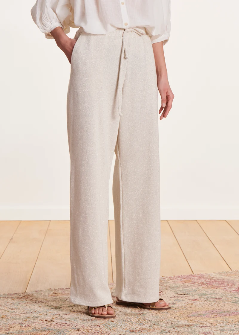 Pantalon large écru en maille à taille élastiquée