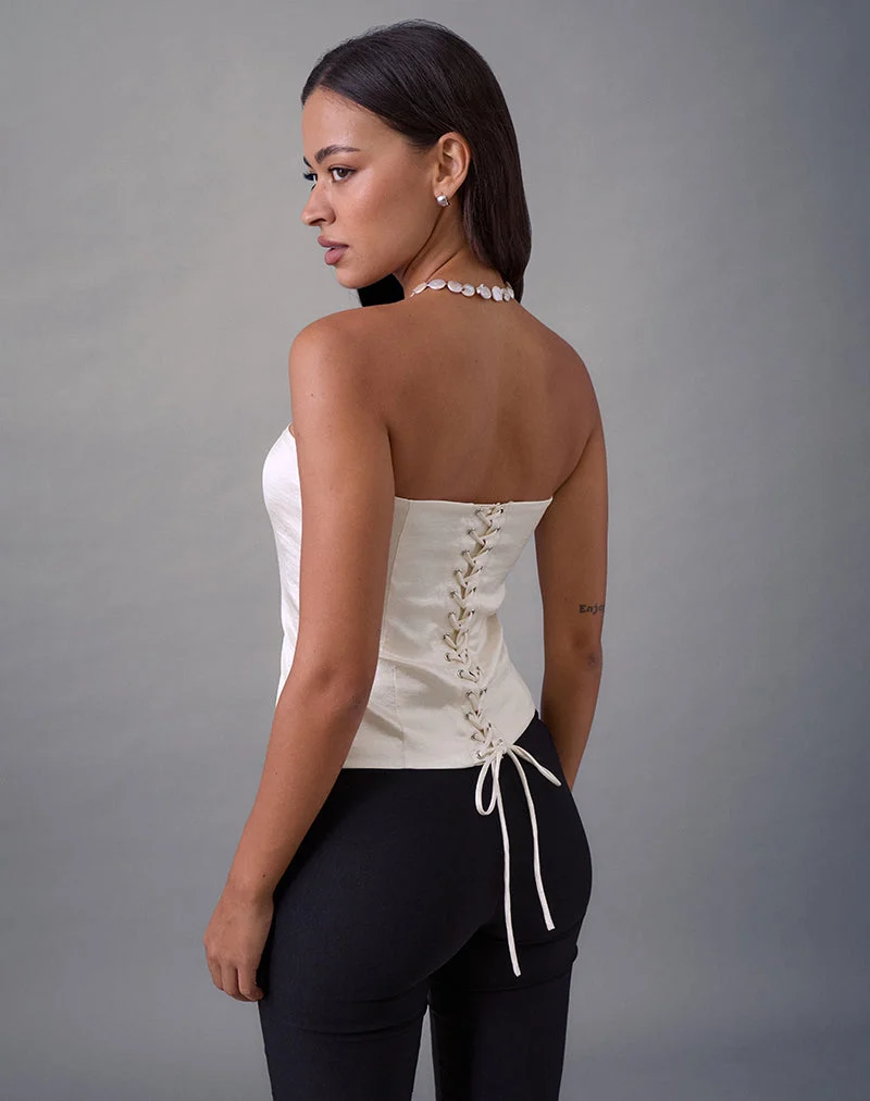 Ayaka - Top corset à lacets en satin jacquard ivoire