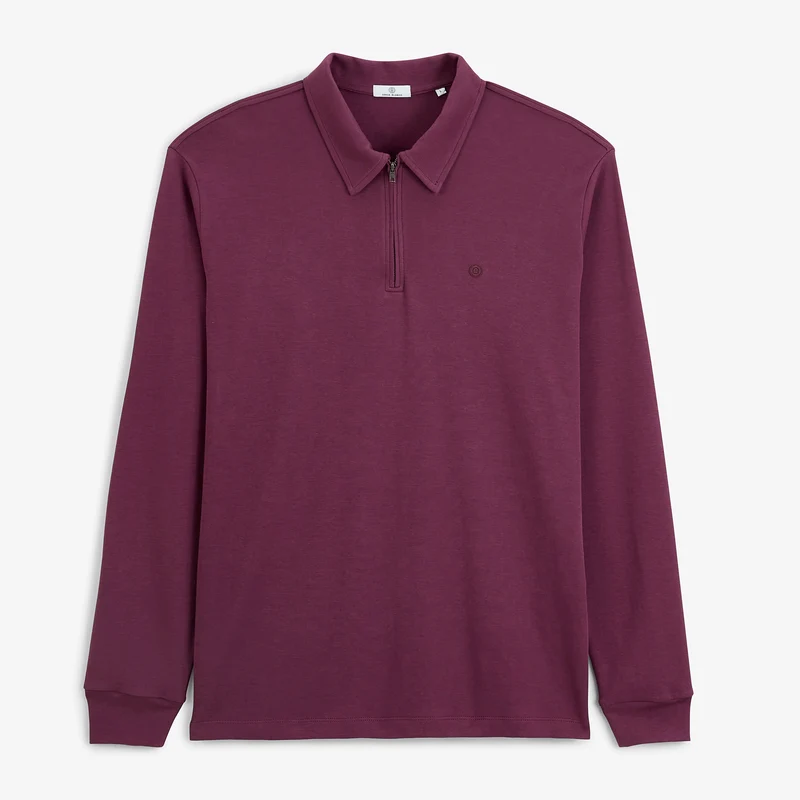 Polo zippé manches longues en coton interlock rouge