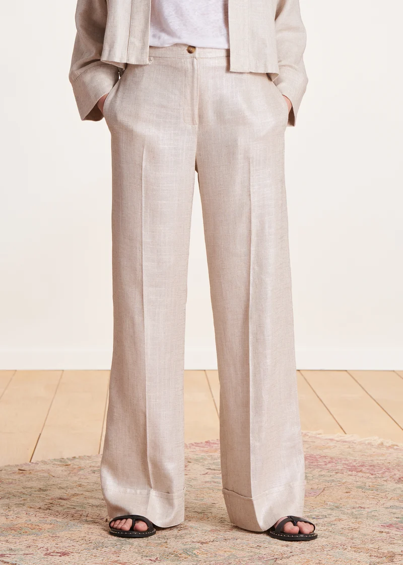 Pantalon droit habillé beige en lin irisé