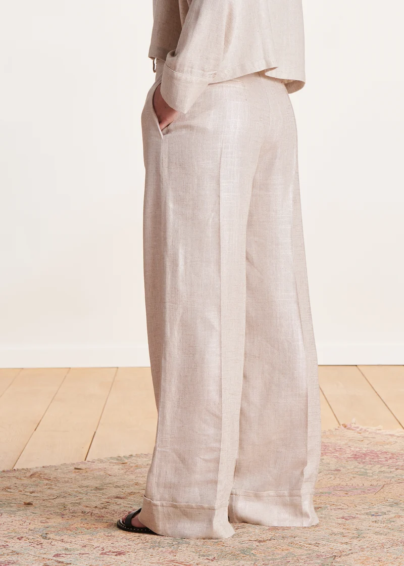Pantalon droit habillé beige en lin irisé