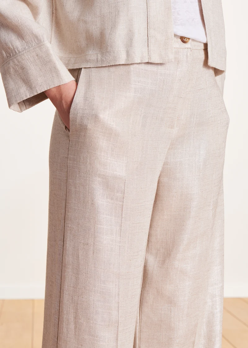 Pantalon droit habillé beige en lin irisé