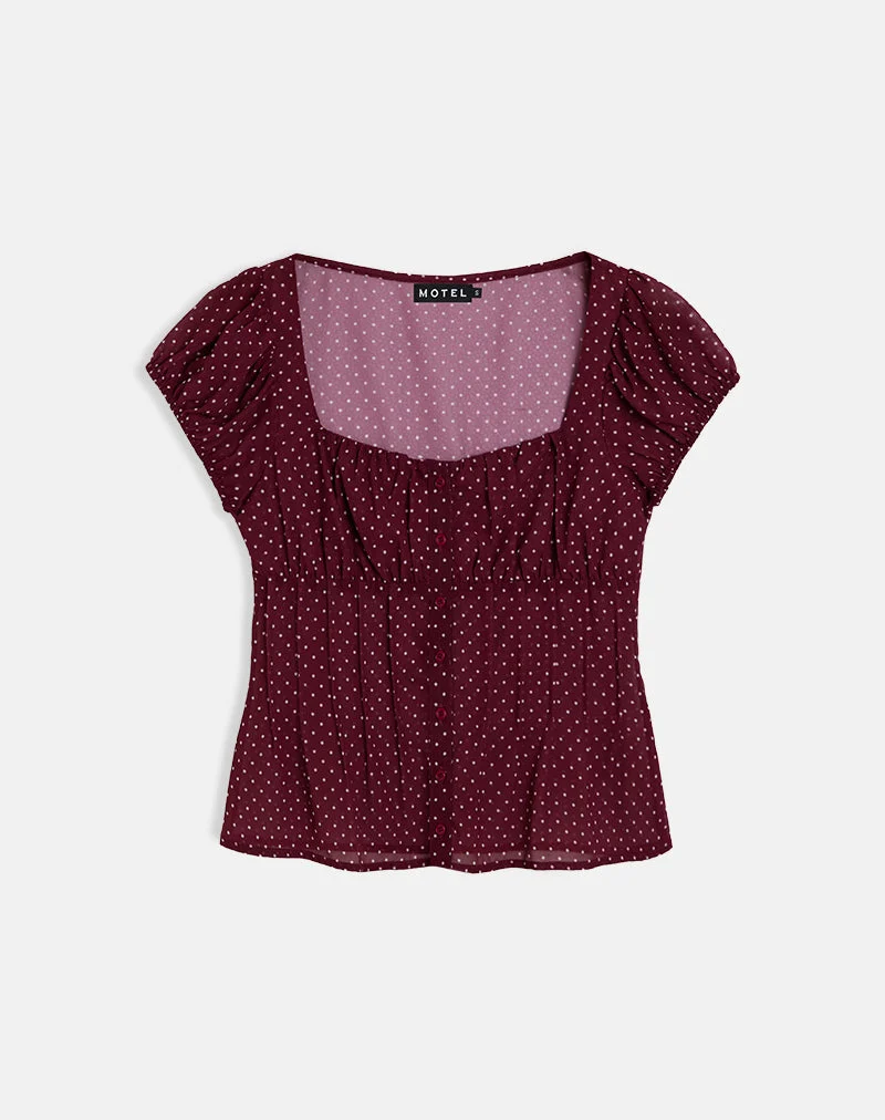 Rolina Blouse in Chiffon Mini Polka Burgundy