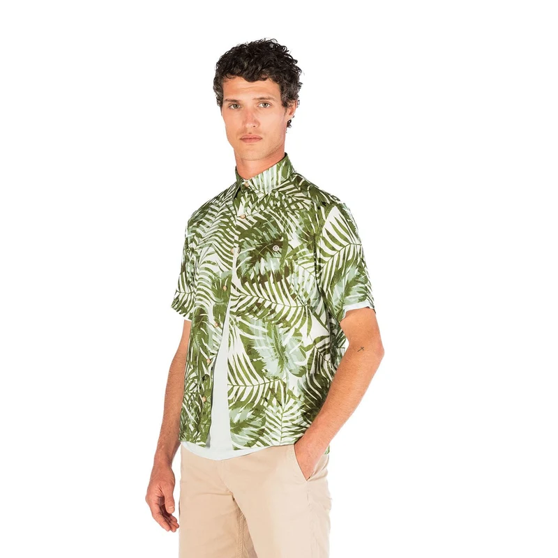 Chemise manches courtes regular imprimé feuilles vert militaire