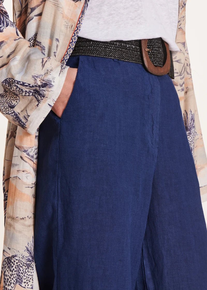 Pantalon droit et large bleu marine en lin taille haute