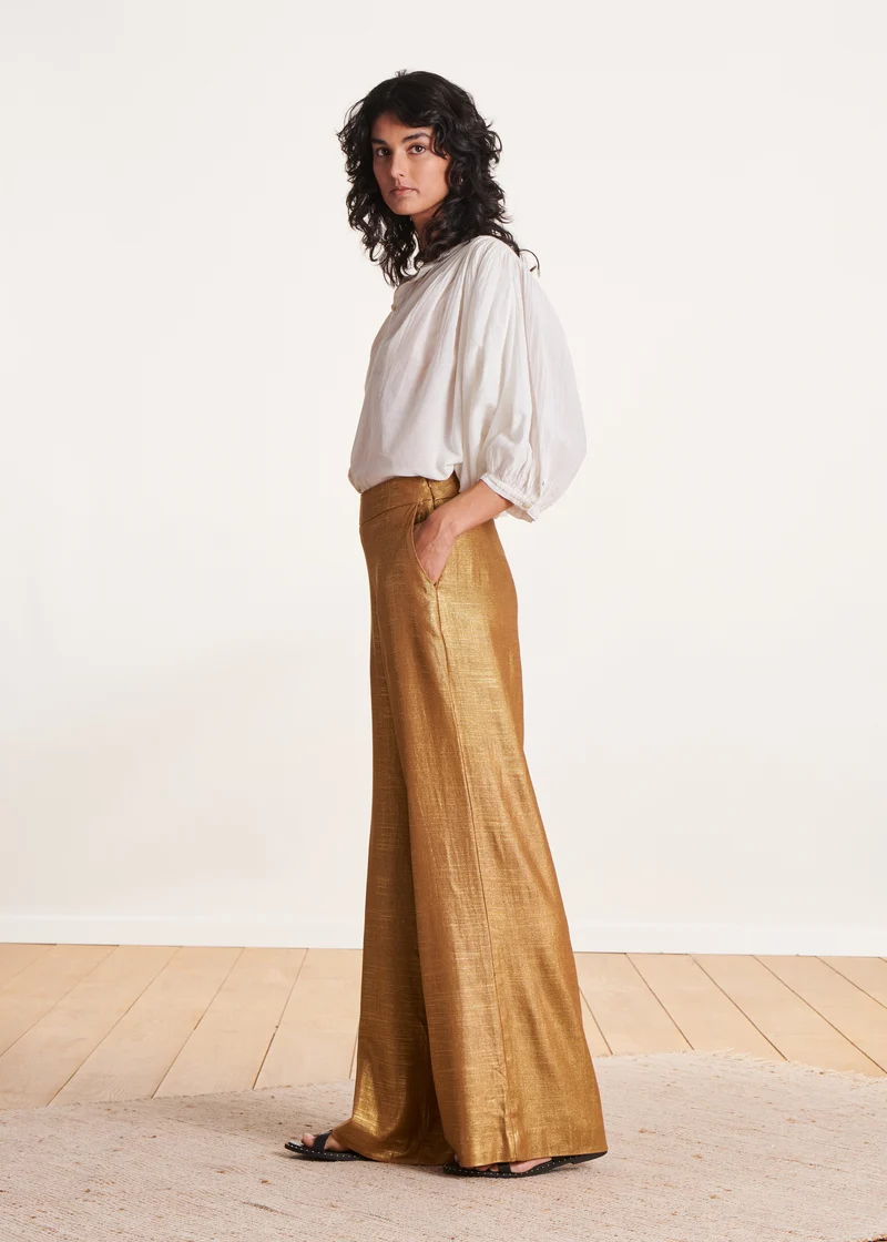 Pantalon bronze en lin foiled taille haute