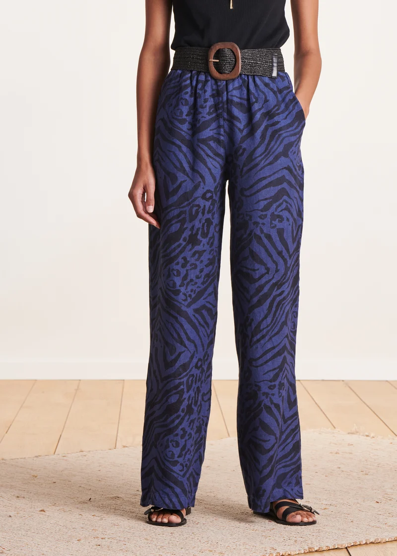 Pantalon large bleu en lin à imprimé animalier