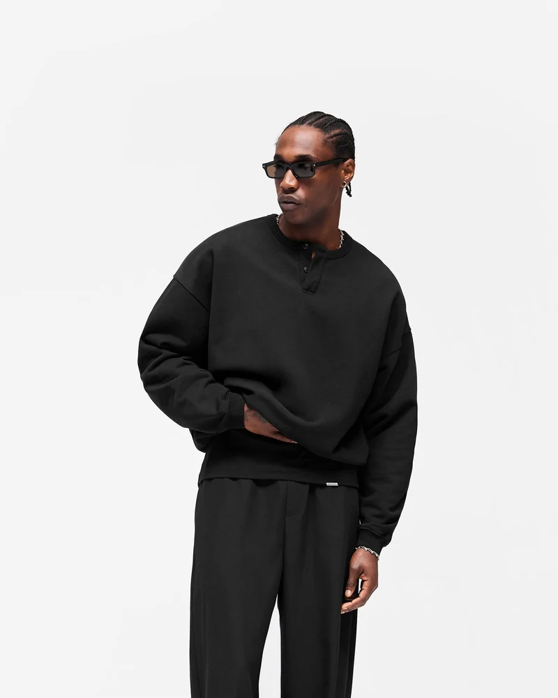 Initial Henley Collar Sweater - Jet Black