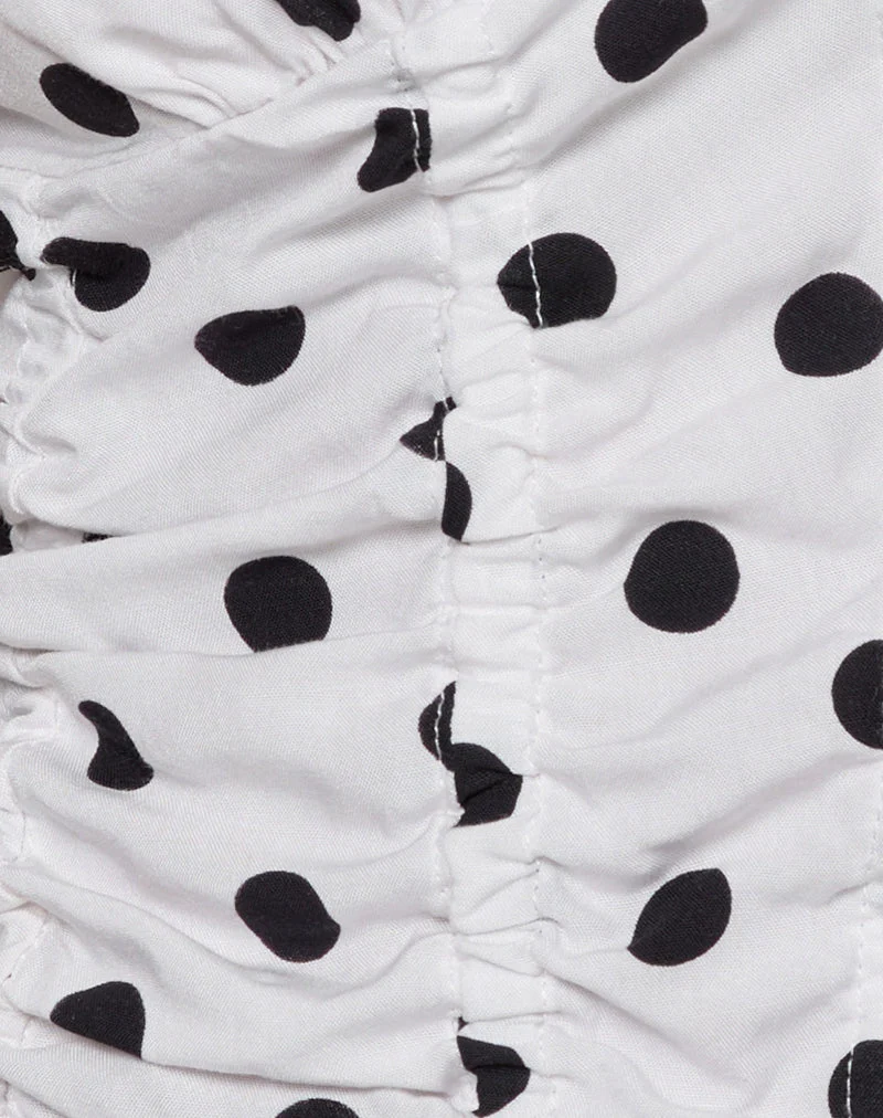 Chemisier froncé Ilase, tissu blanc à pois des années 80