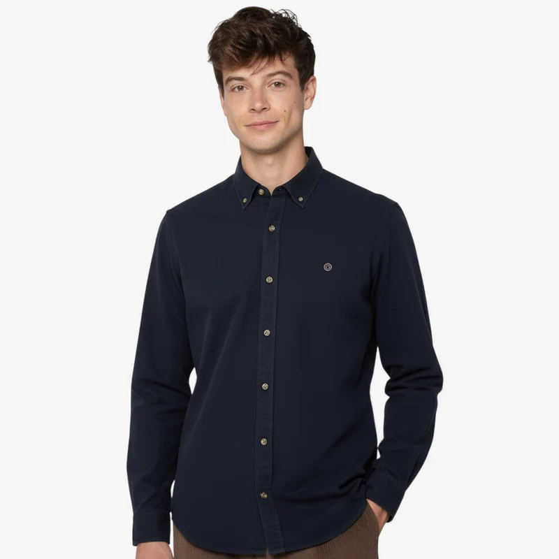 Chemise manches longues en coton twill unie bleu dark navy Charles