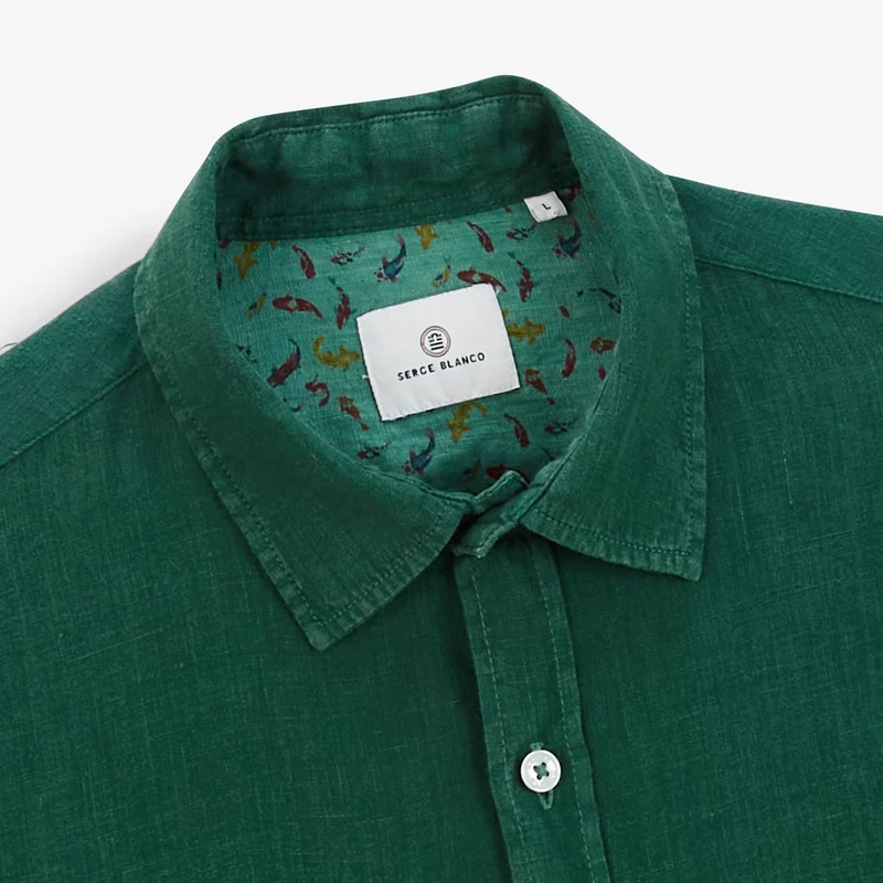 Chemise manches courtes unie en lin vert olive