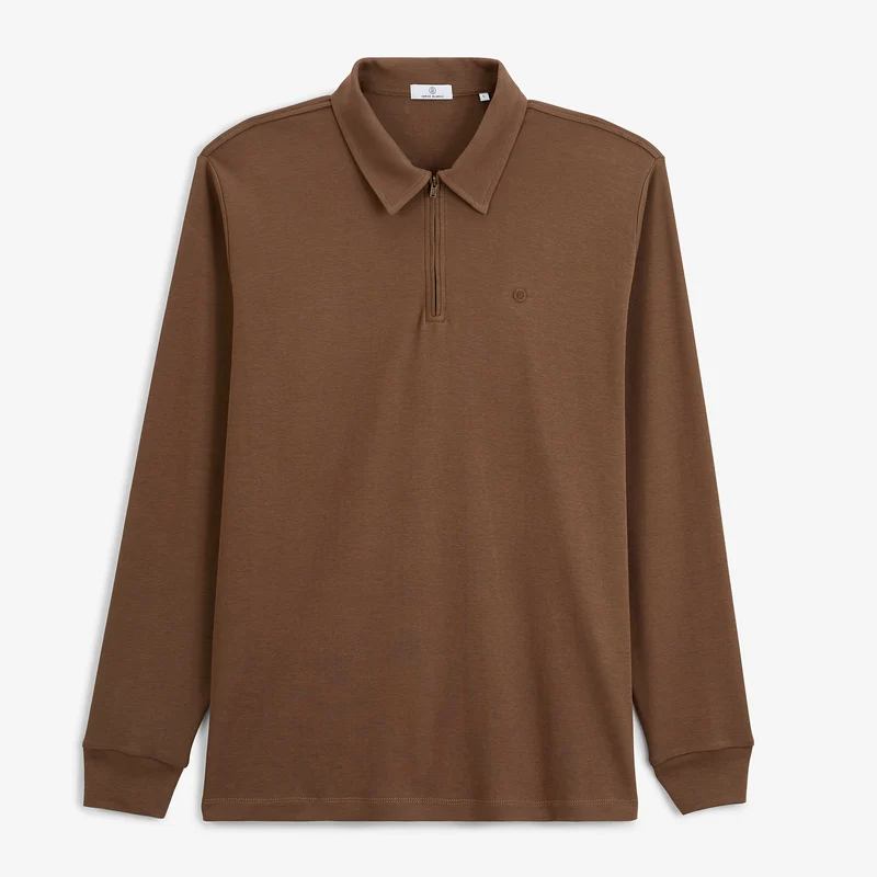 Polo zippé manches longues en coton interlock marron