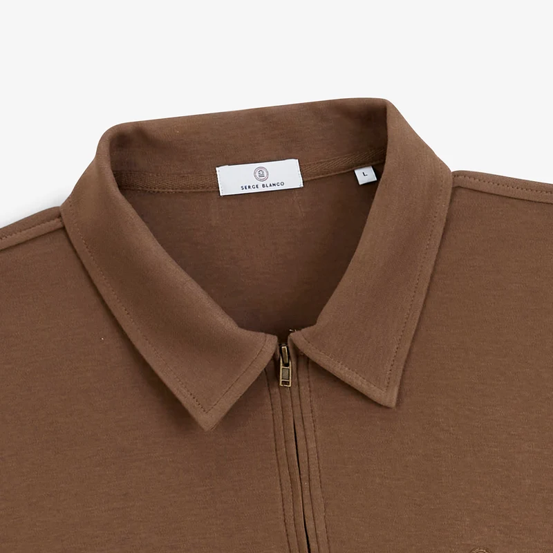 Polo zippé manches longues en coton interlock marron