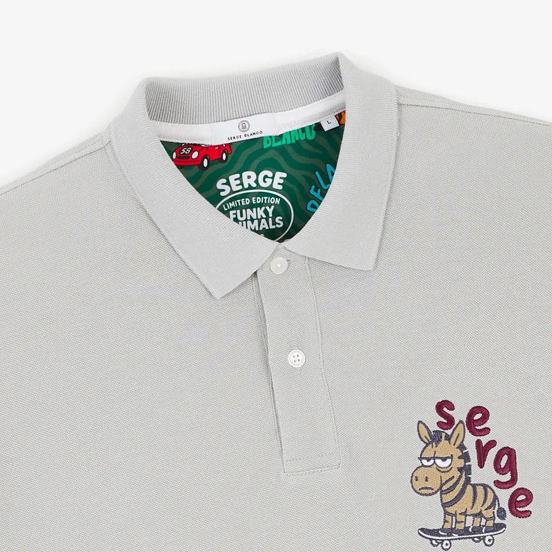 Polo piqué manches courtes coton gris brodé Funky Animals