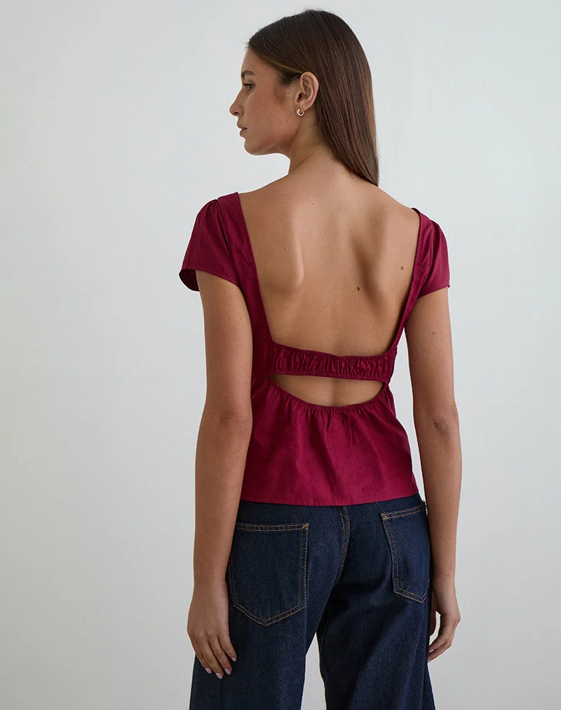 Haut corset à manches courtes Uliva en popeline bordeaux