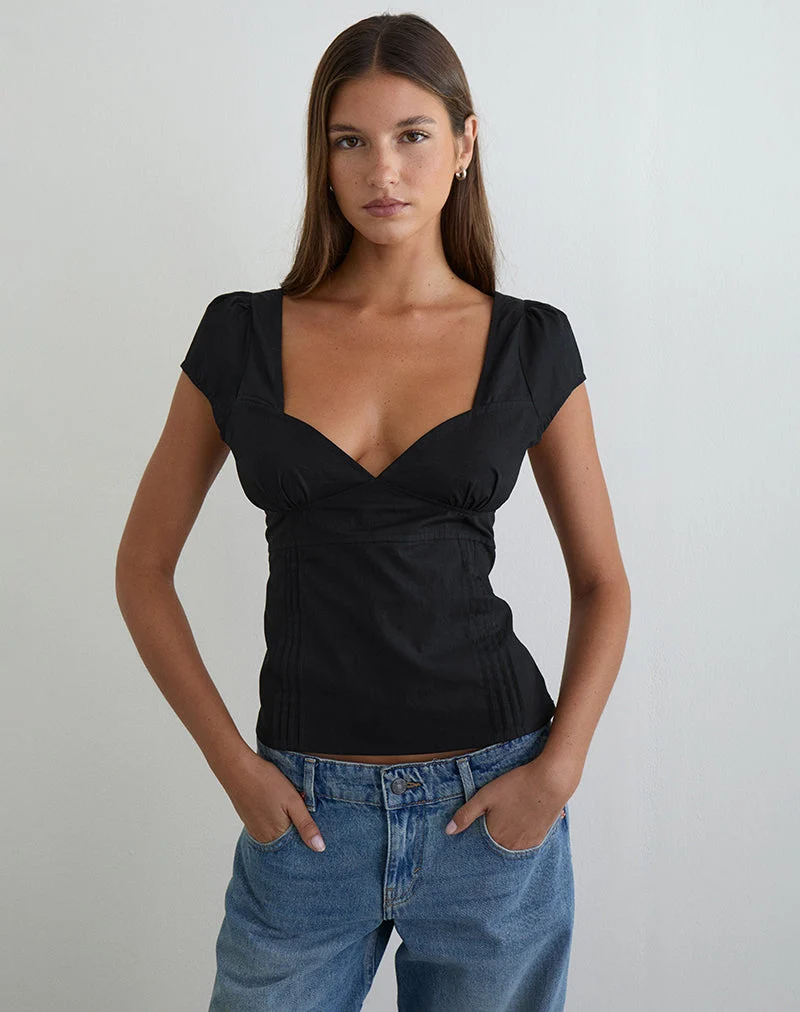 Haut corset à manches courtes Uliva en popeline noire