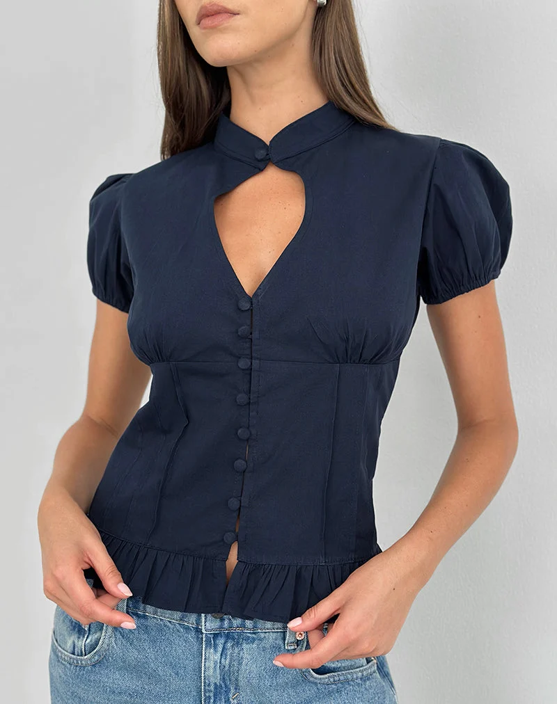 Blouse à manches bouffantes et encolure en Yamila, bleu marine foncé