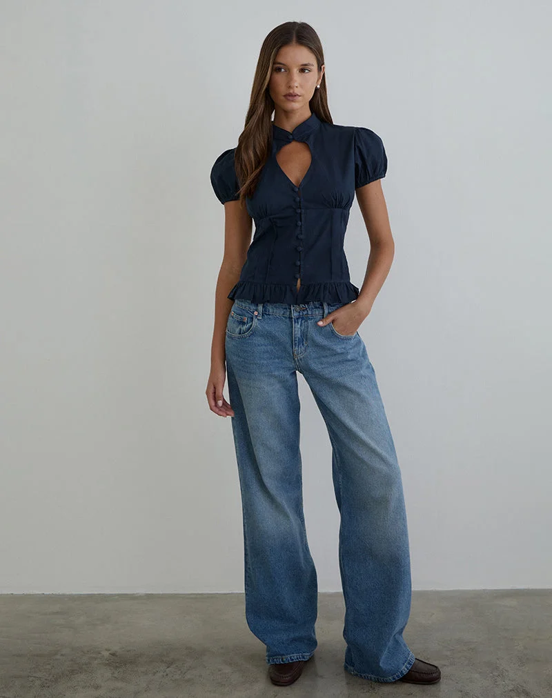 Blouse à manches bouffantes et encolure en Yamila, bleu marine foncé