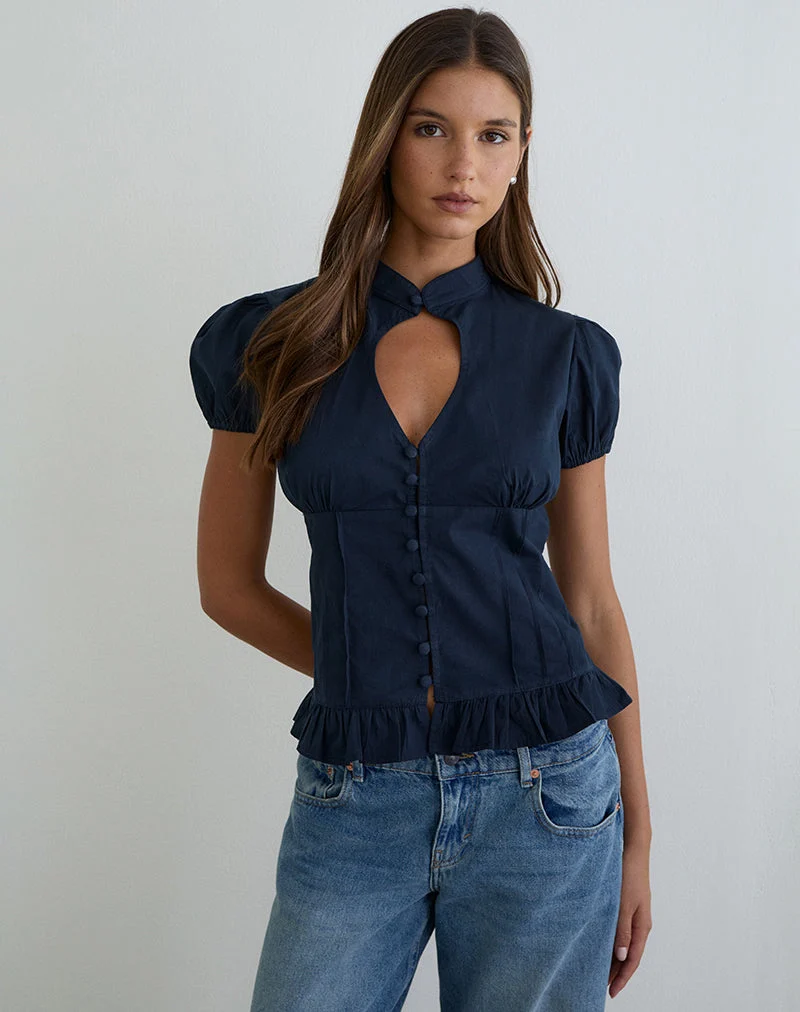 Blouse à manches bouffantes et encolure en Yamila, bleu marine foncé