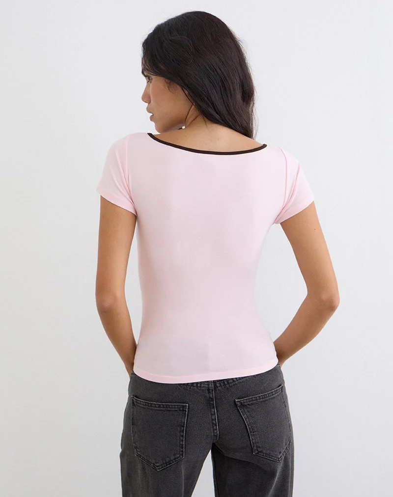Haut à découpes « Bunga Flower » rose pâle avec bordure chocolat noir