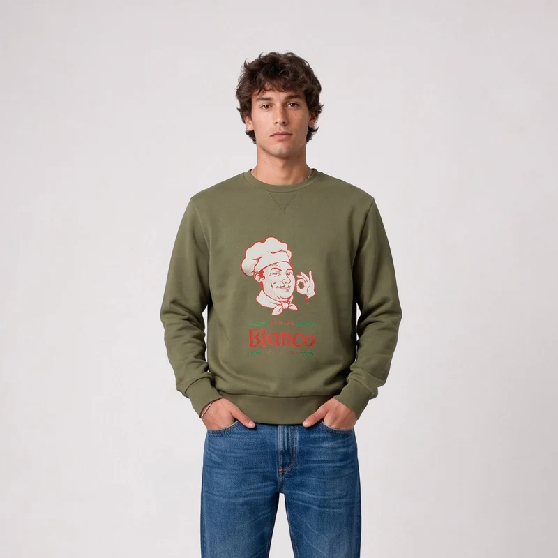 Sweat col rond imprimé marron taupe Blanco Family Restaurant SBPLAY