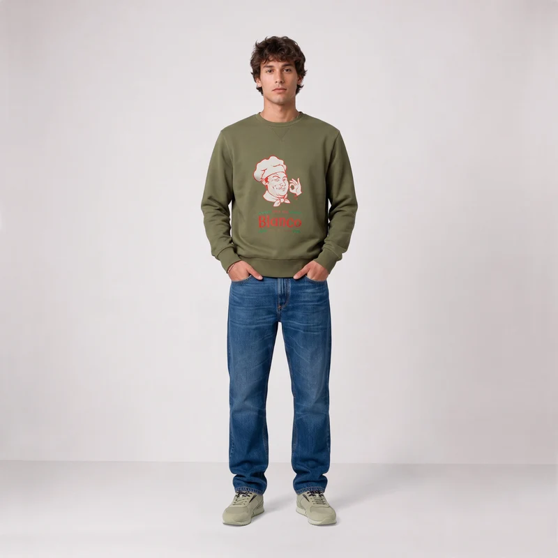 Sweat col rond imprimé marron taupe Blanco Family Restaurant SBPLAY