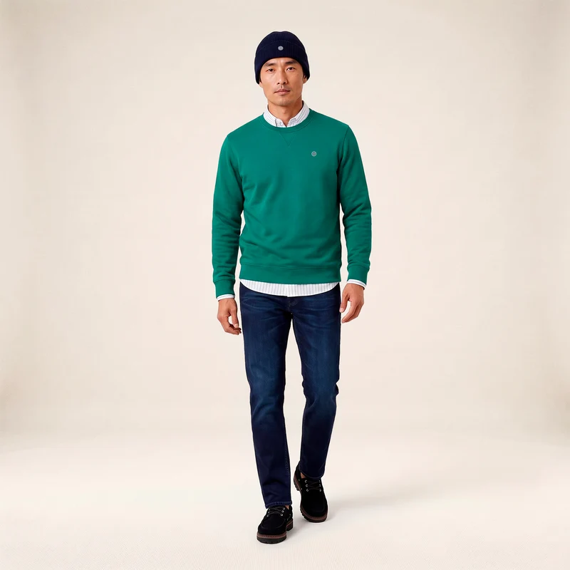 Sweat col rond 100% coton suédé vert