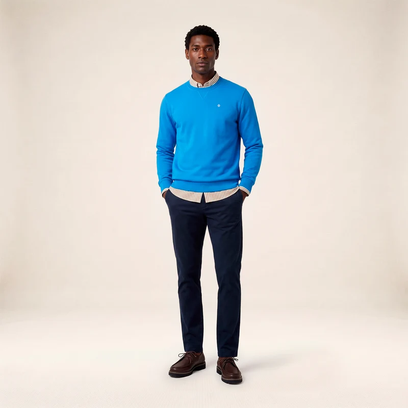 Sweat col rond 100% coton suédé bleu