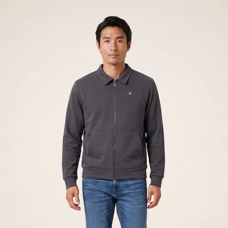 Sweat zippé col chemise gris