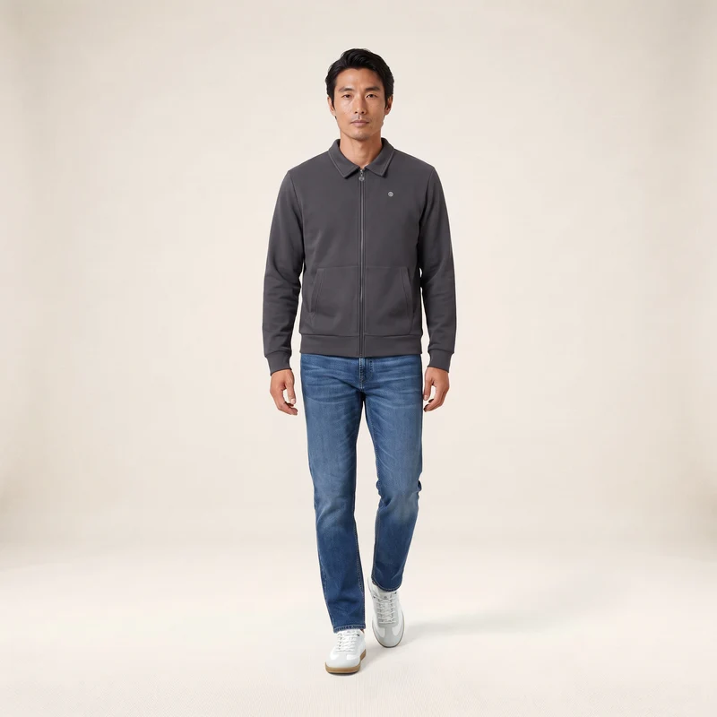 Sweat zippé col chemise gris