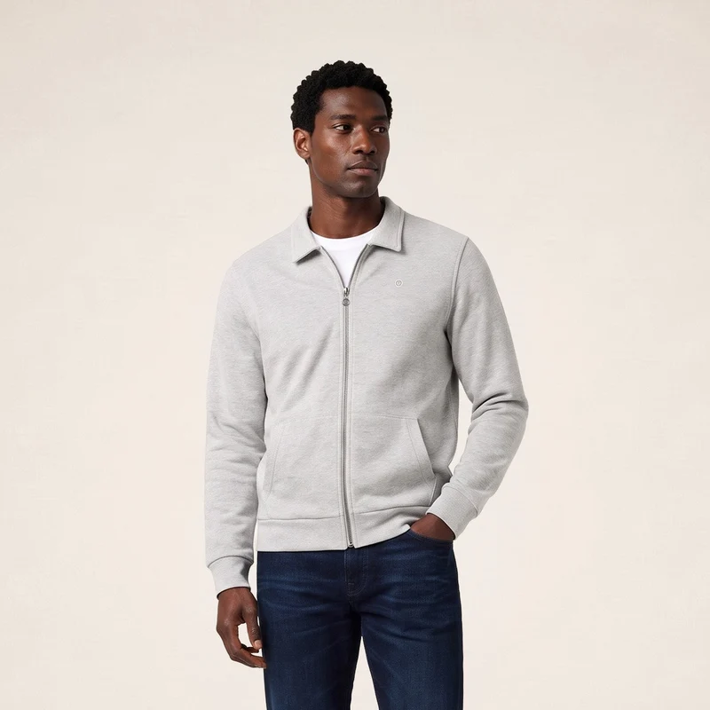 Sweat zippé col chemise gris chiné