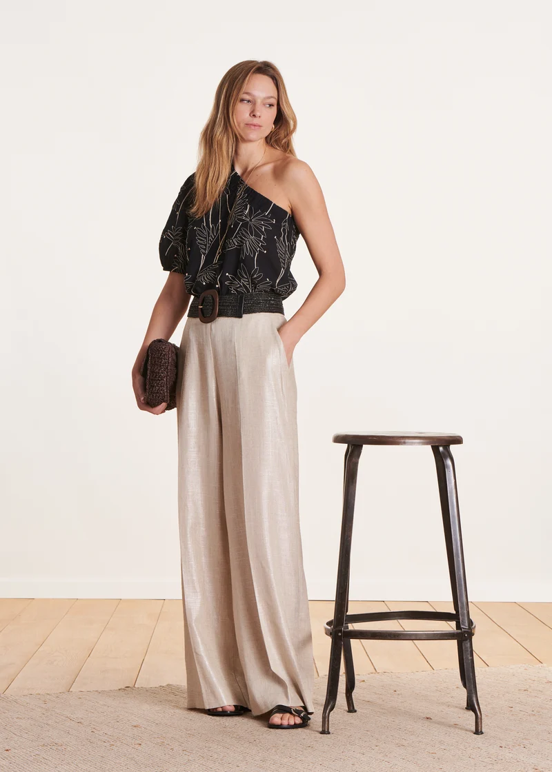Pantalon beige en lin foiled taille haute