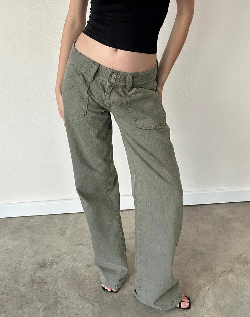Jean cargo décontracté à taille basse, couleur olive