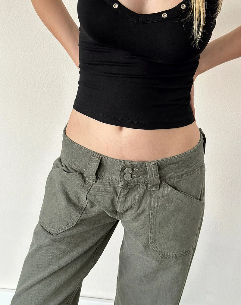 Jean cargo décontracté à taille basse, couleur olive