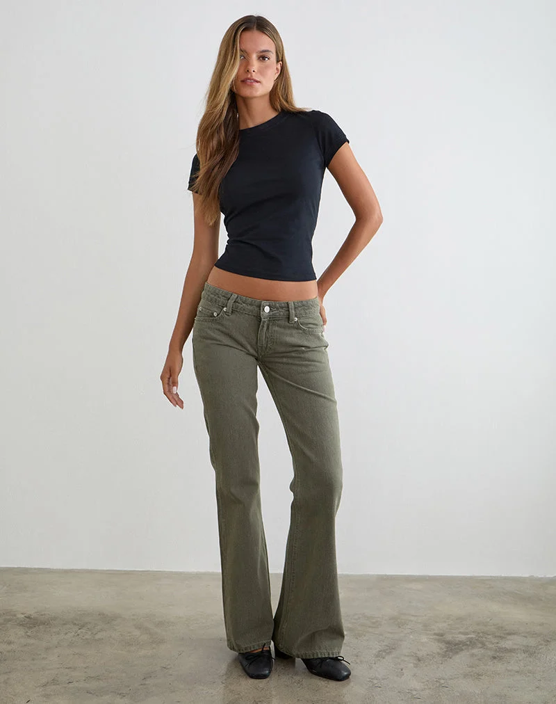 Jean évasé à taille très basse, couleur olive